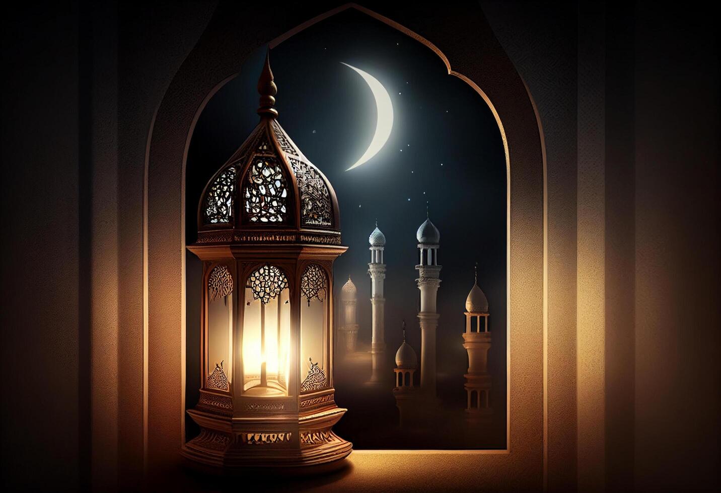 A windows depicts an islamic mosque at night with moon and lentern. In style of islamic city. Arched doorways. Eid al fitr background of window. Ramadan islamic lantern on a table by photo