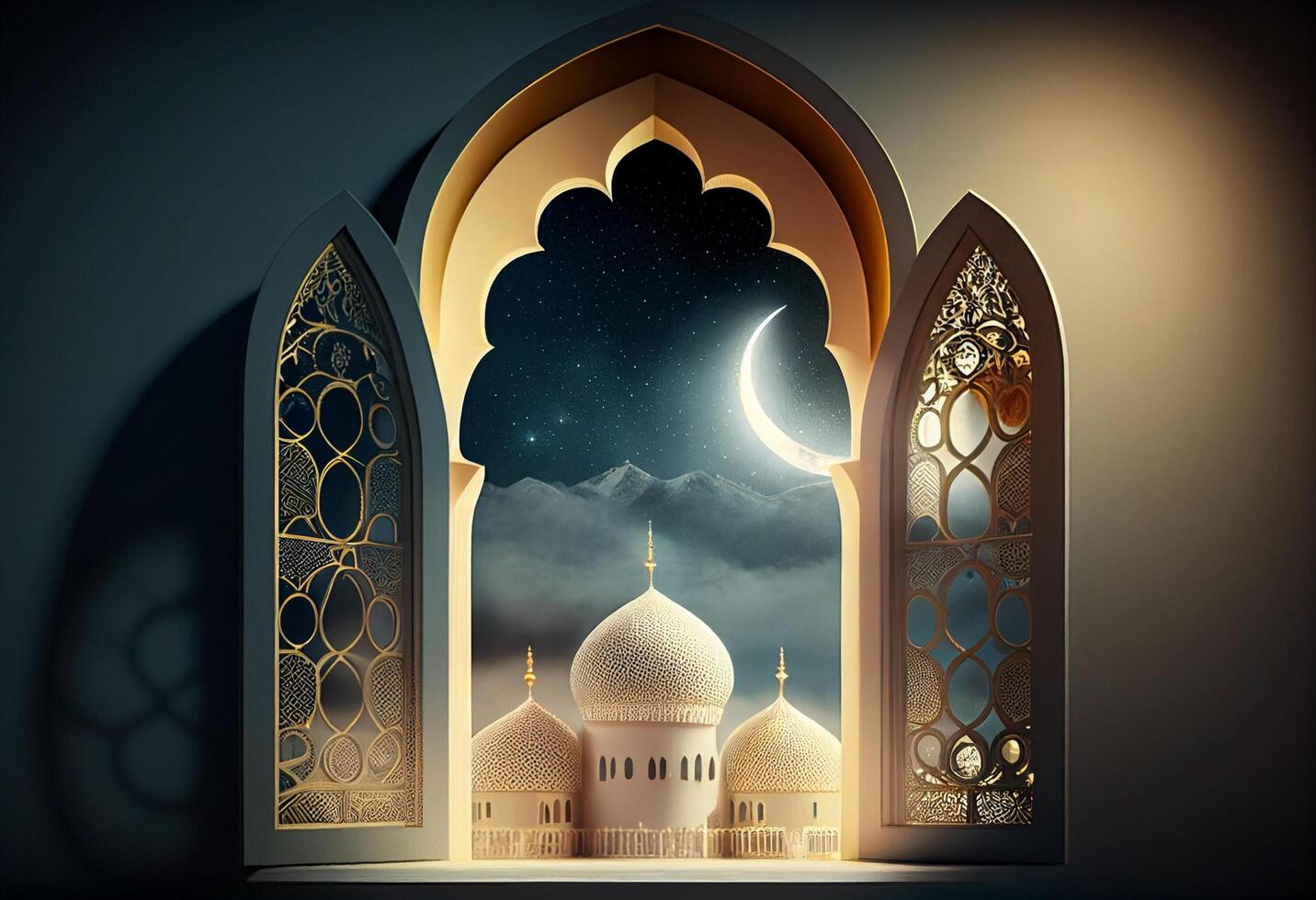 A windows depicts an islamic mosque at night with moon and lentern. In style of islamic city. Arched doorways. Eid al fitr background of window. Ramadan islamic lantern on a table by photo