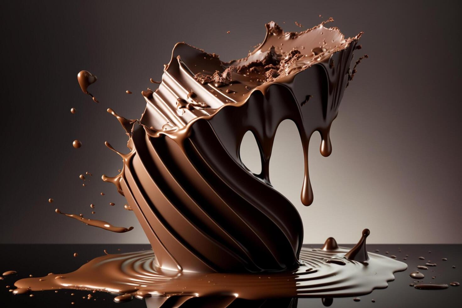 A delicious melting chocolate splash in a realistic style. Hot chocolate, cacao or coffee splash. Tasty chocolate liquid splash. Chocolate sauce crown splash. For chocolate day dessert by photo