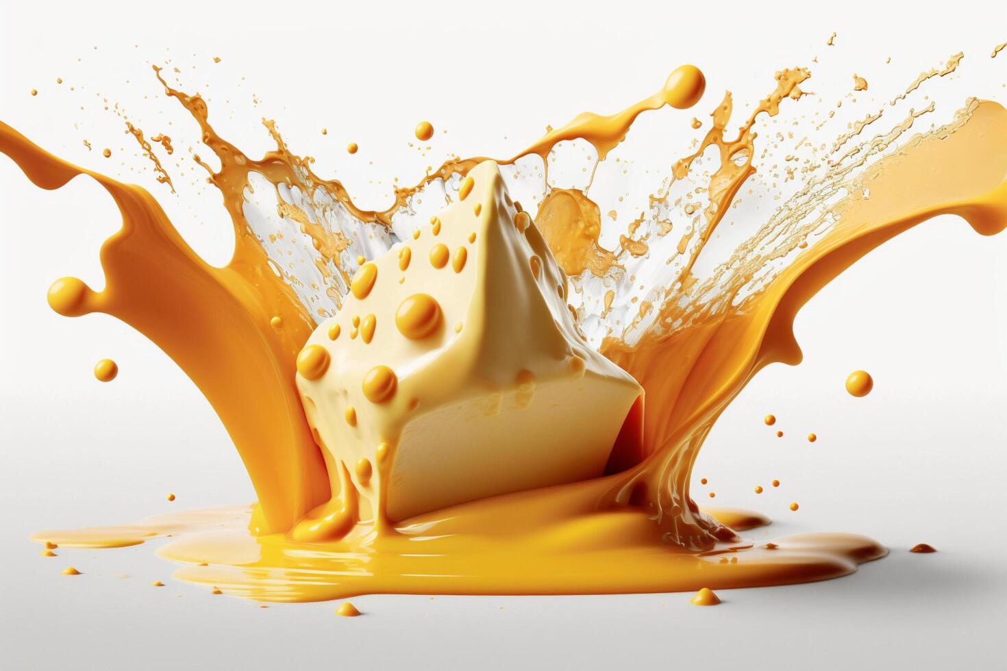 A delicious melting cheese splash in a realistic style. Hot cheese or cheddar splash. Tasty cheese liquid splash. Cheese sauce crown splash. For italian food, world cheese day, dessert by photo