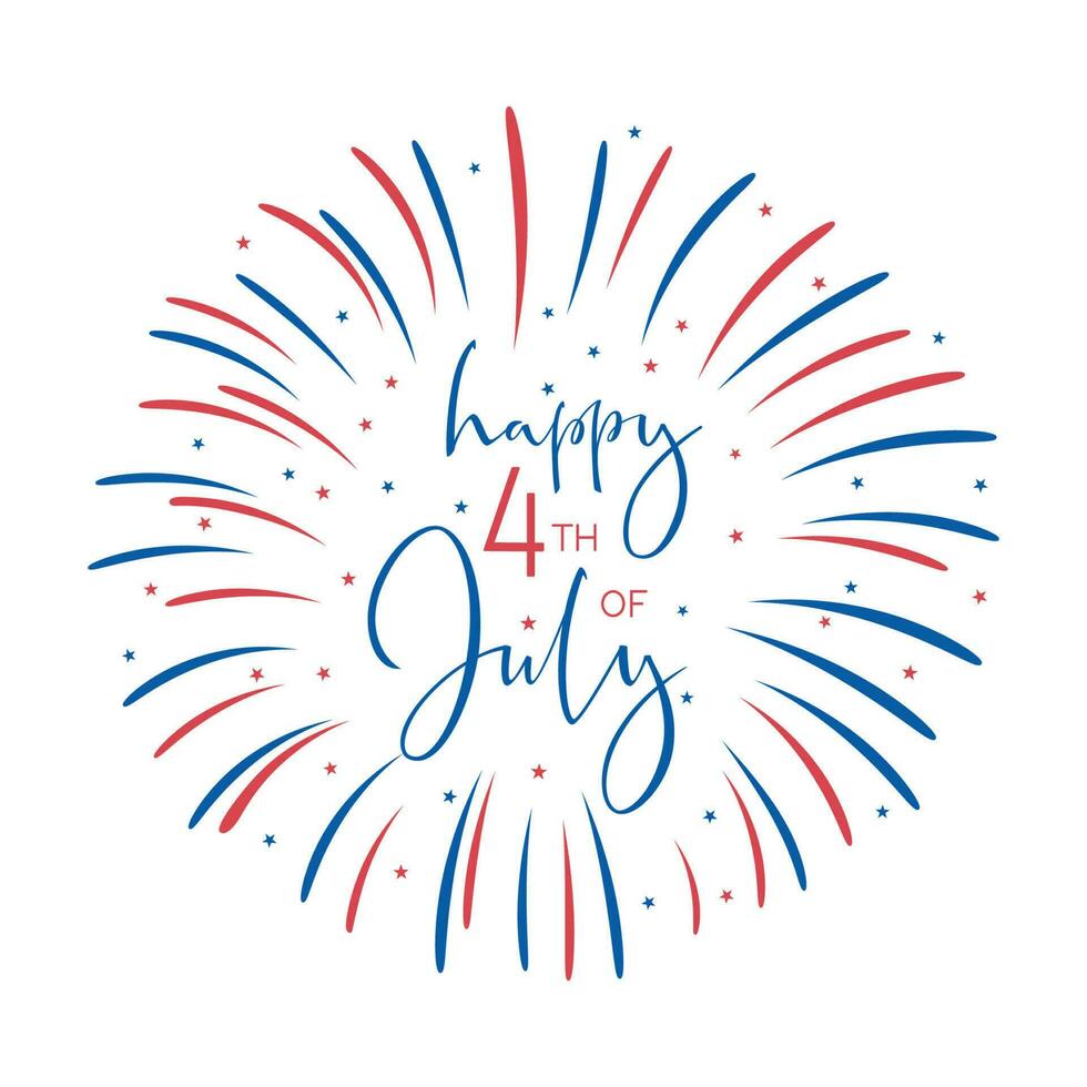 4th of July, United Stated Independence day text Banner with fireworks. American national holiday. Hand drawn lettering typography design. Vector poster
