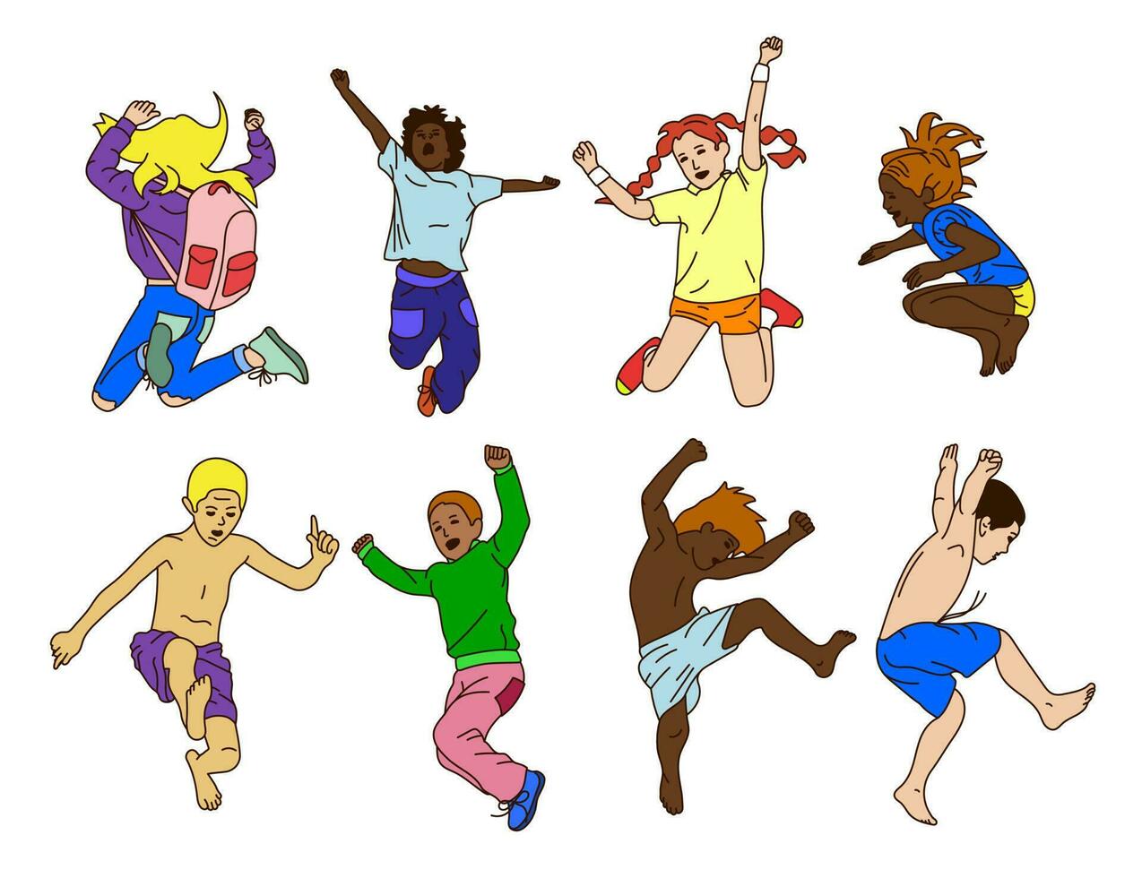 Colored child jumping set. Happy kids playing. vector