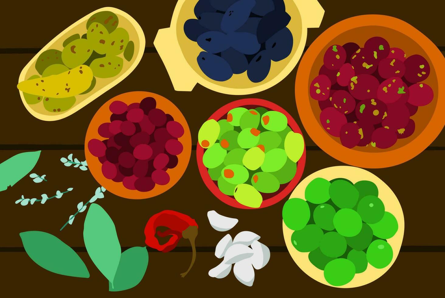 Vegetable feast. Top view. Olive, green, chestnut, table, food, salty, salad, feast. vector