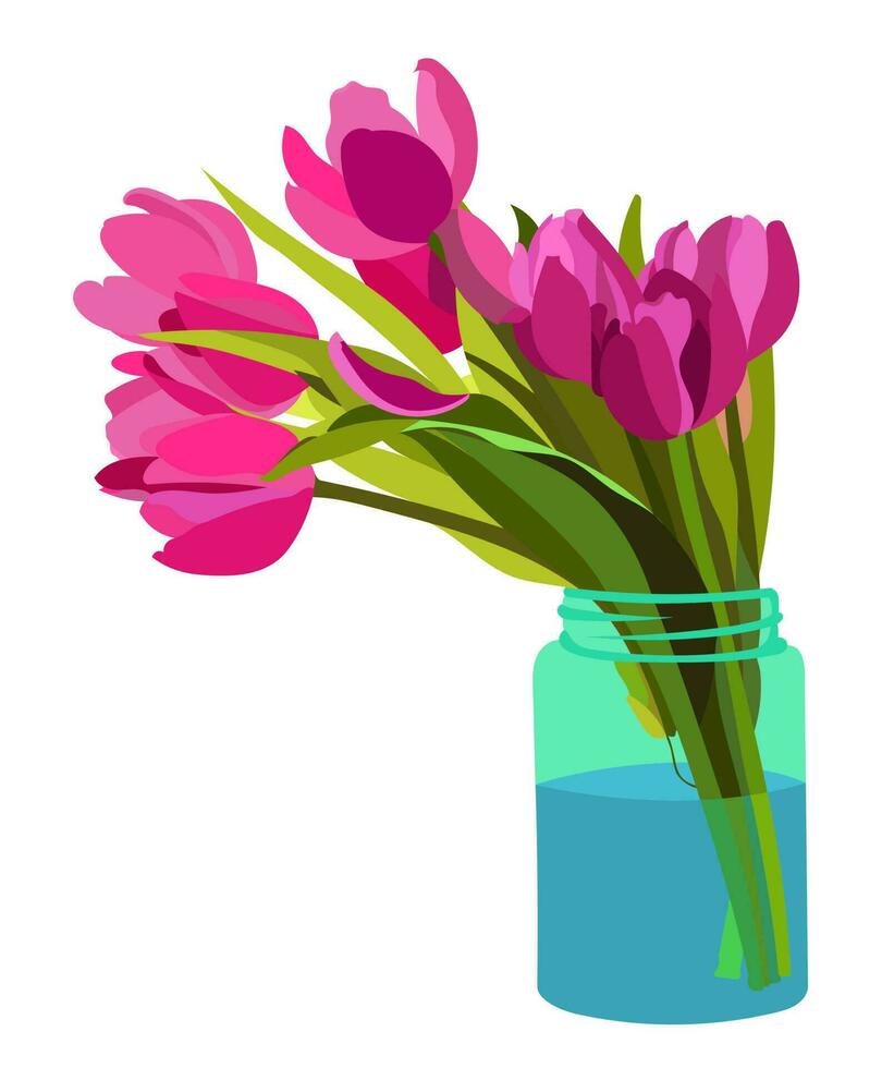Pink and purple tulip flower in a vase with water. Realistic flat design. vector
