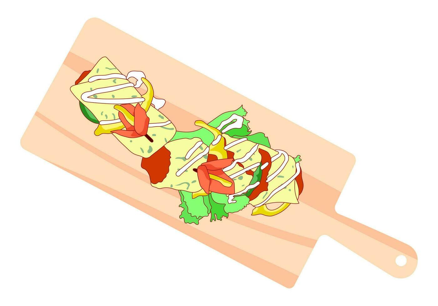 Two tasty meat crepe with sauce on a chopping board. vector
