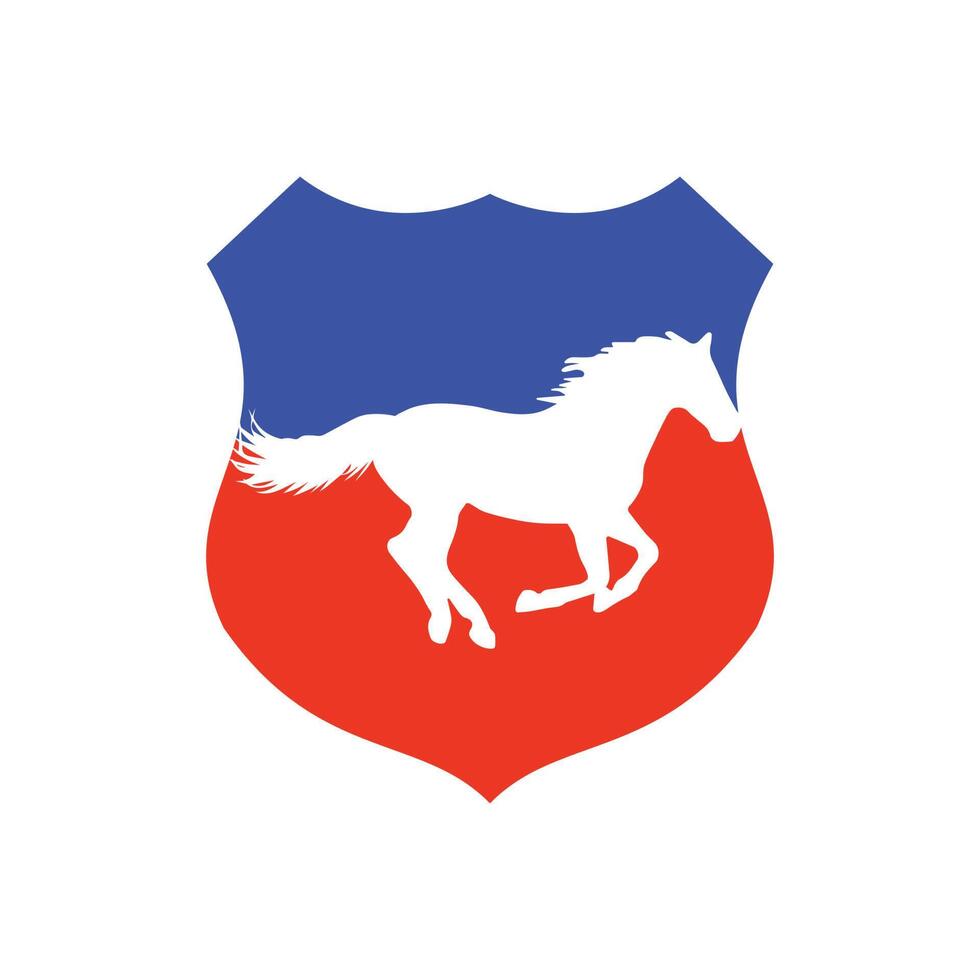 Horse running icon vector illustration inside a shape of shield blue and red color.