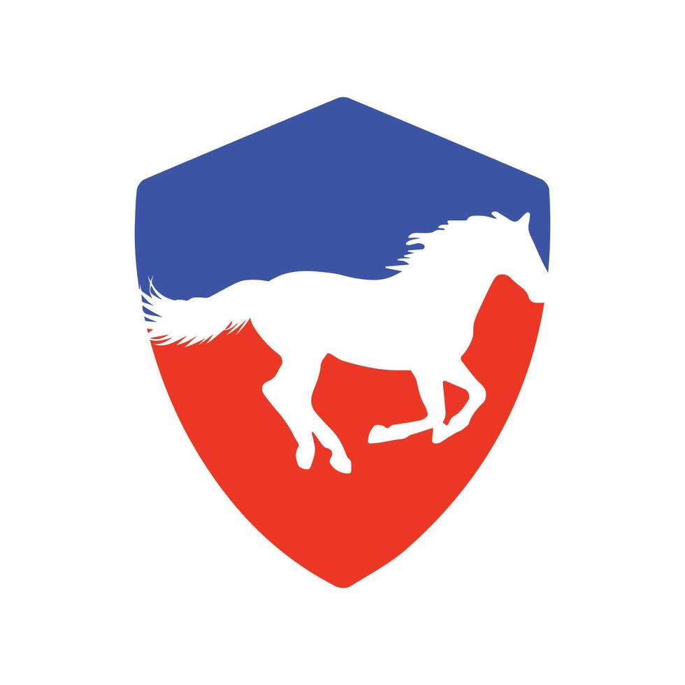 Horse running icon vector illustration inside a shape of shield blue and red color.