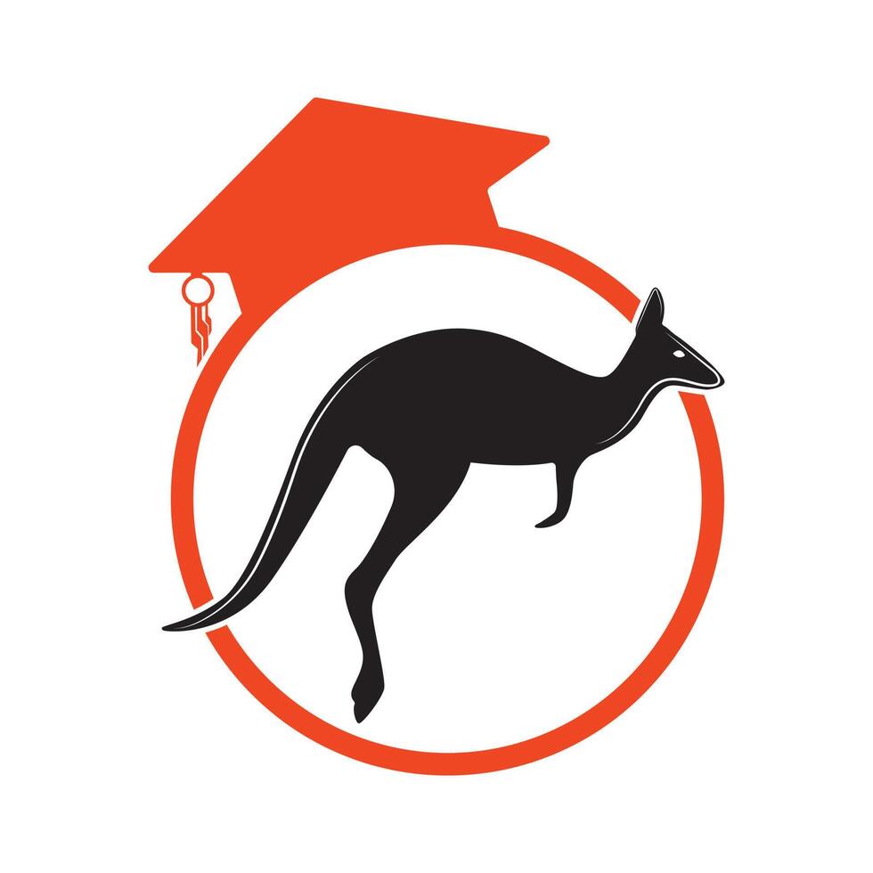 Kangaroo jumping logo template vector illustration inside a shape of education ring cap.