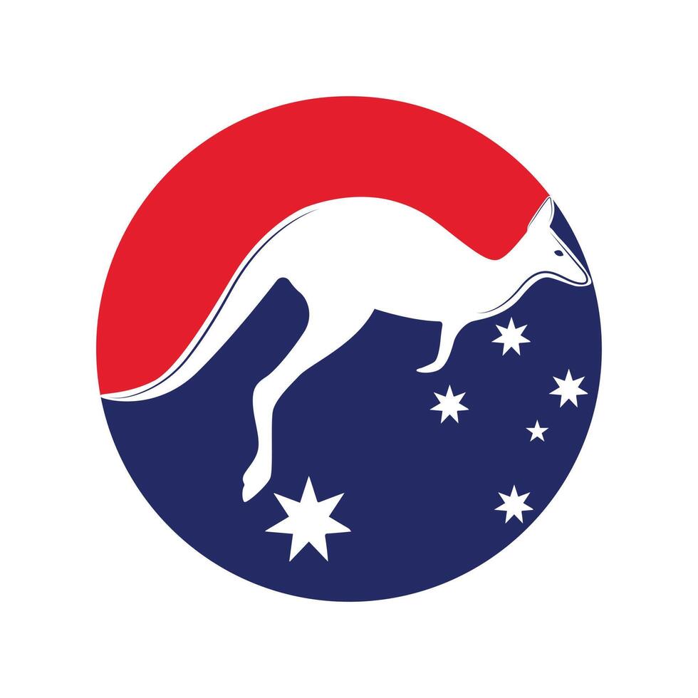 Kangaroo jumping logo template vector illustration inside a shape of circle australian flag colors and stars.