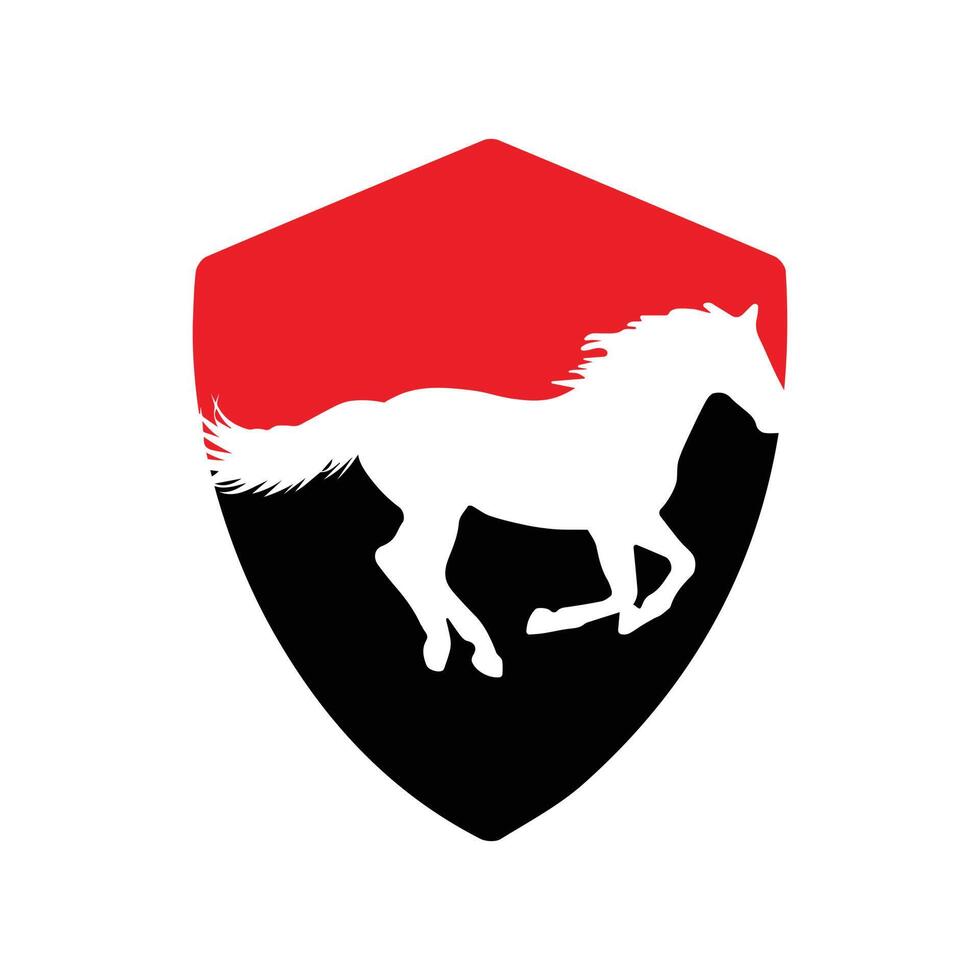 Horse running icon vector illustration inside a shape of shield red and black color.