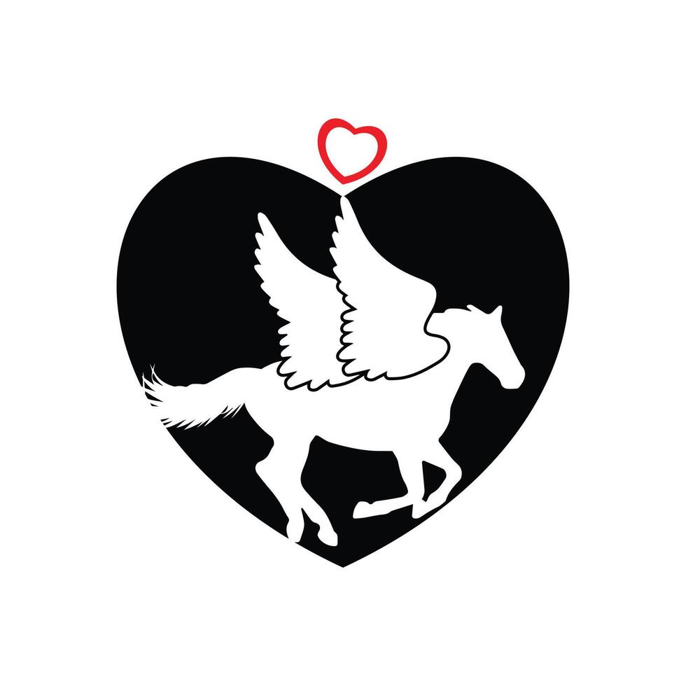 caballo corriendo icono vector ilustración con forma de corazón y volador caballo con alas único diseño.