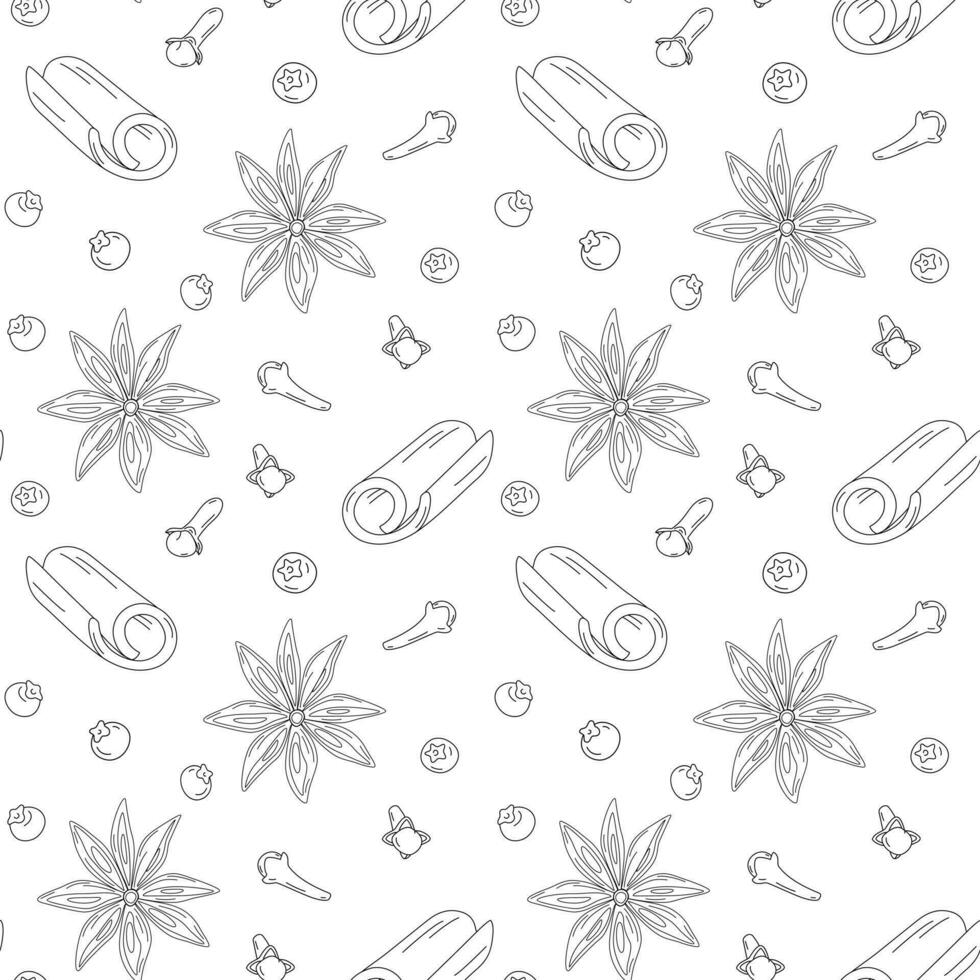 Seamless pattern hand drawn spices for mulled wine. Cinnamon stick, cloves, star anise and allspice. vector