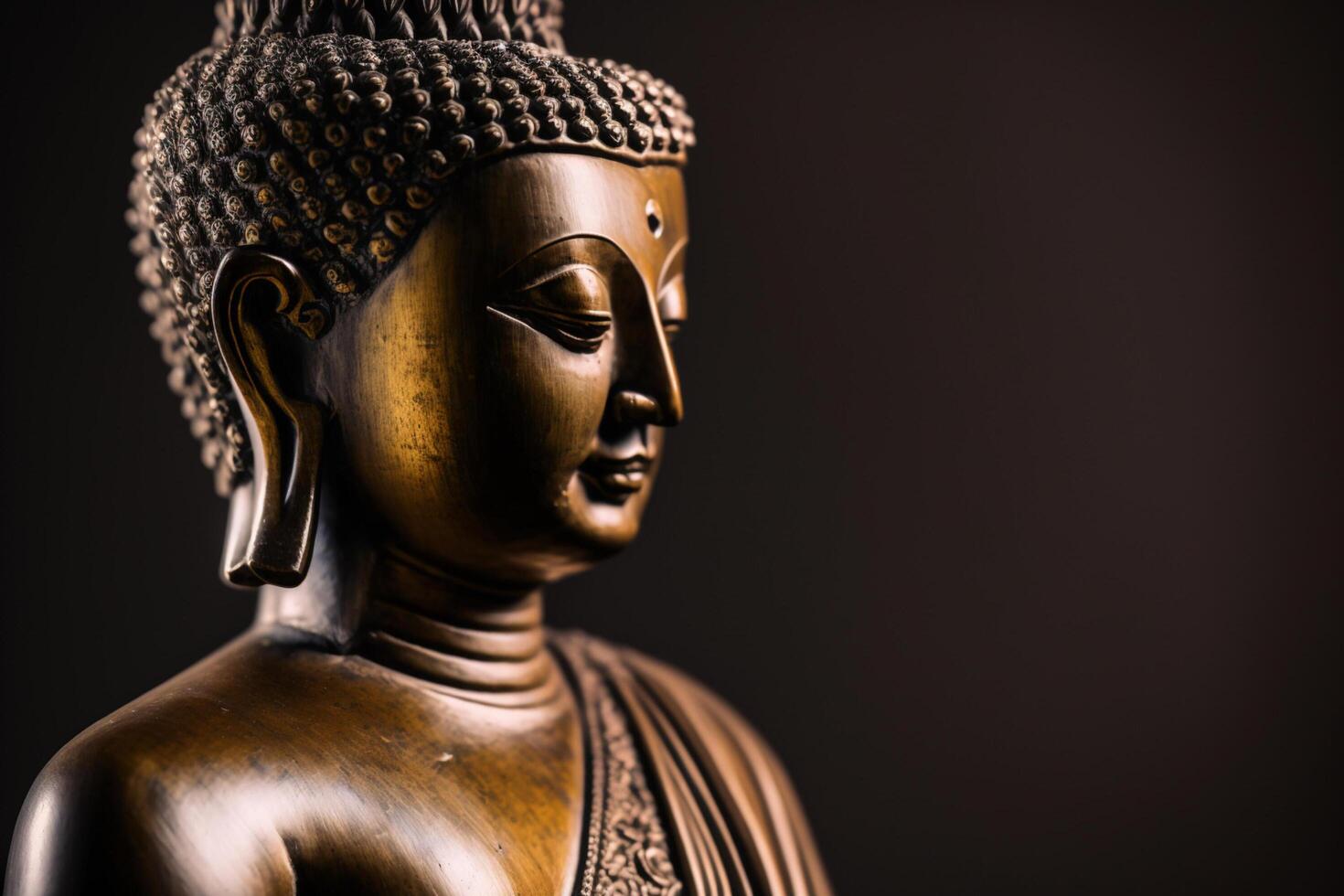 A thai buddha statue sits and meditating at buddhist temple. Ancient thailand buddha face. Background for vesak festival celebration. Vesak day concept. Vesak celebration day greetings by photo