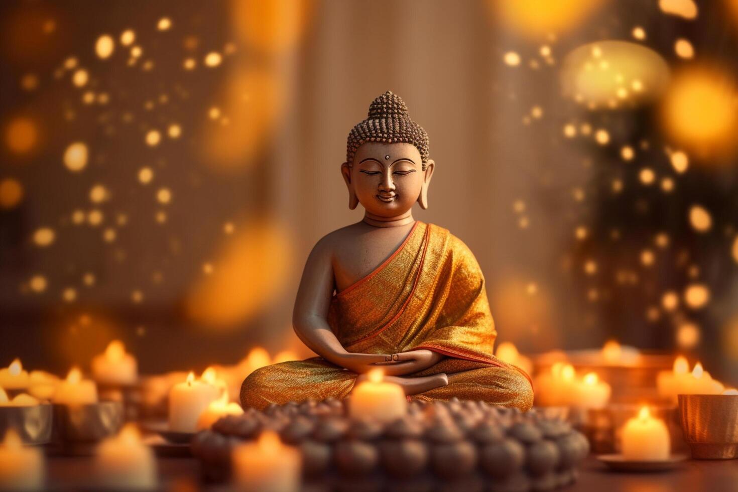 un Buda se sienta en un jardín con un loto y velas antecedentes para vesak festival celebracion. vesak día concepto. vesak celebracion día saludos por ai generado foto