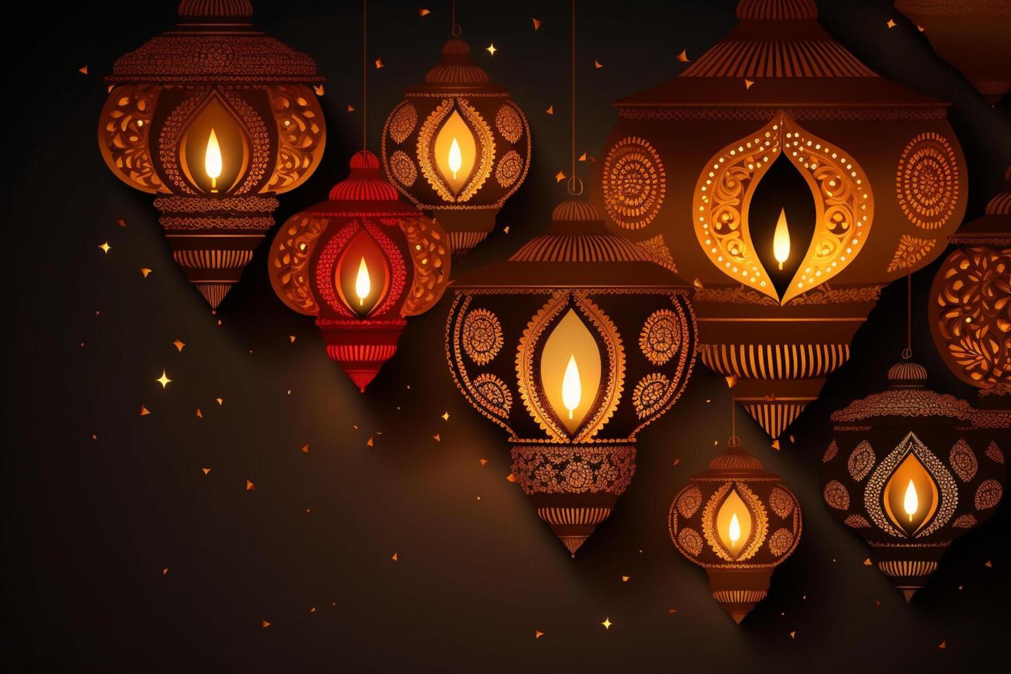 Happy diwali or deepavali traditional indian festival with lamp or sky lantern. Indian hindu festival of light with lamp or light. Night sky floating lanterns during diwali celebration by photo