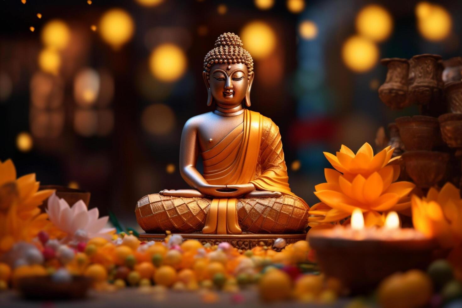 A buddha sits in a garden with a lotus and candles. Background for vesak festival celebration. Vesak day concept. Vesak celebration day greetings by photo