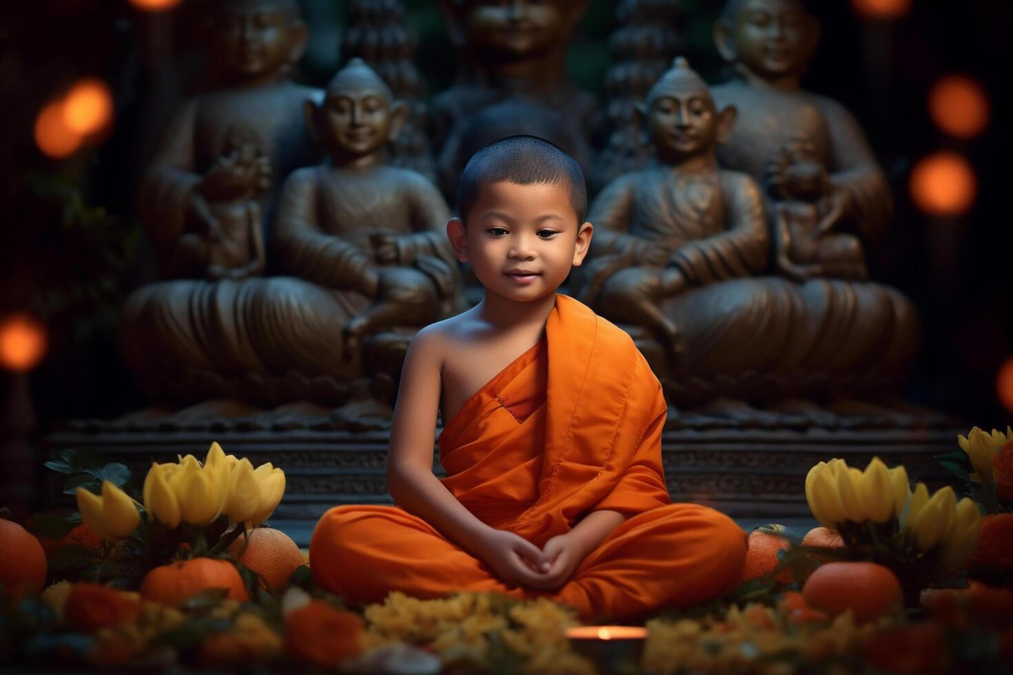 A young buddha sits in a garden with a lotus and candles. Background for vesak festival celebration. Vesak day concept. Vesak celebration day greetings by photo