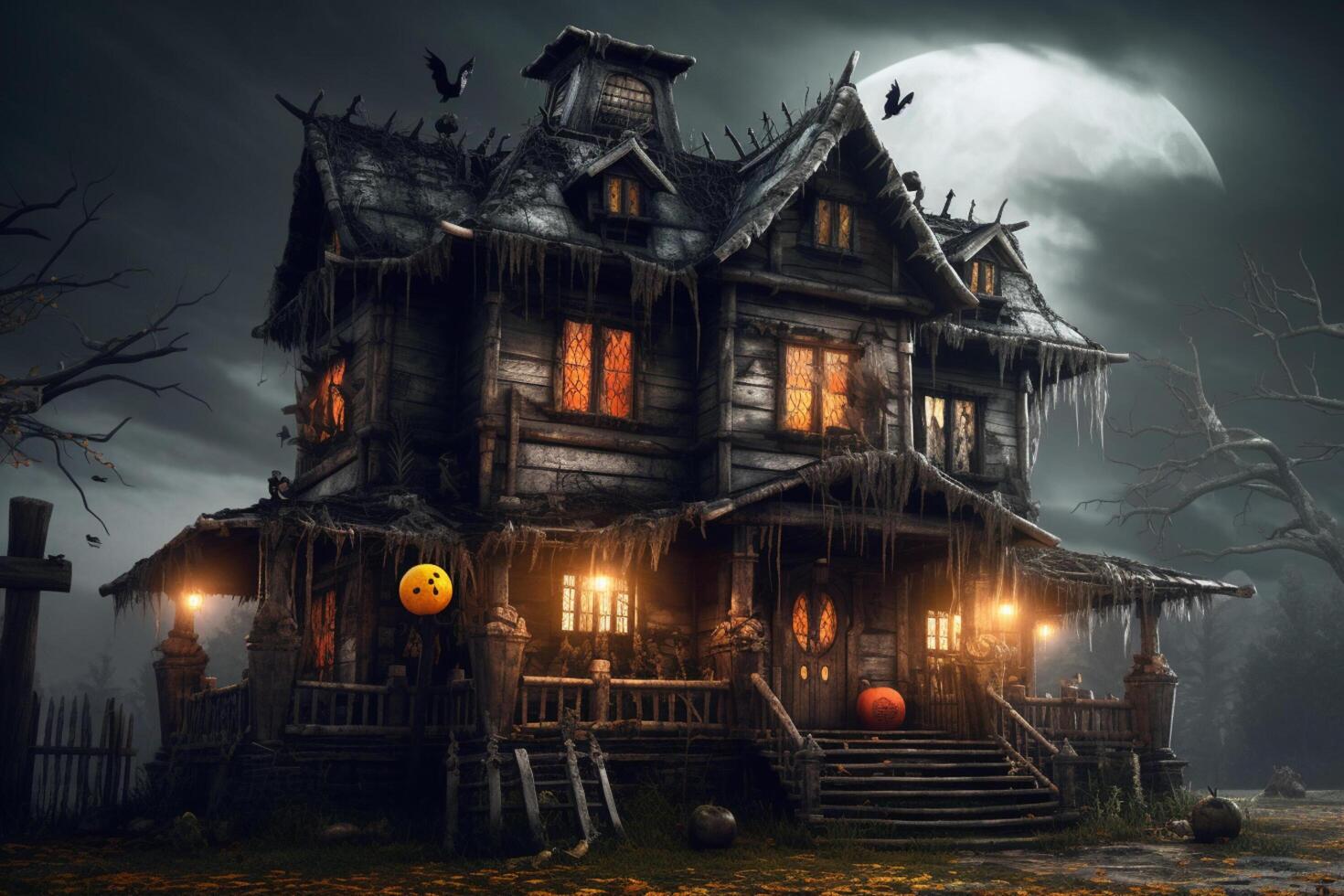 Haunted house on halloween celebration concept. Spooky house halloween background with deserted building and pumpkin. Scary house with creepy building at night by photo