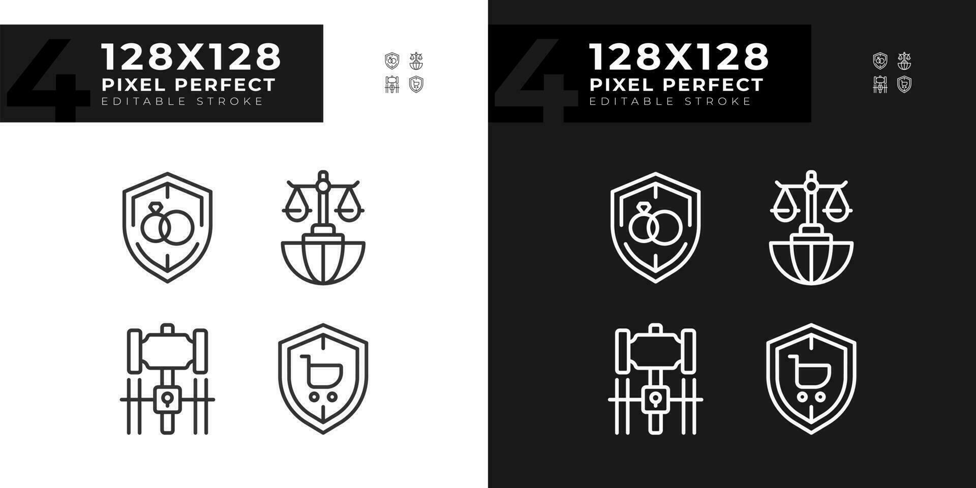 Laws protecting citizens rights pixel perfect linear icons set for dark, light mode. Legal rules of society. Court. Thin line symbols for night, day theme. Isolated illustrations. Editable stroke vector