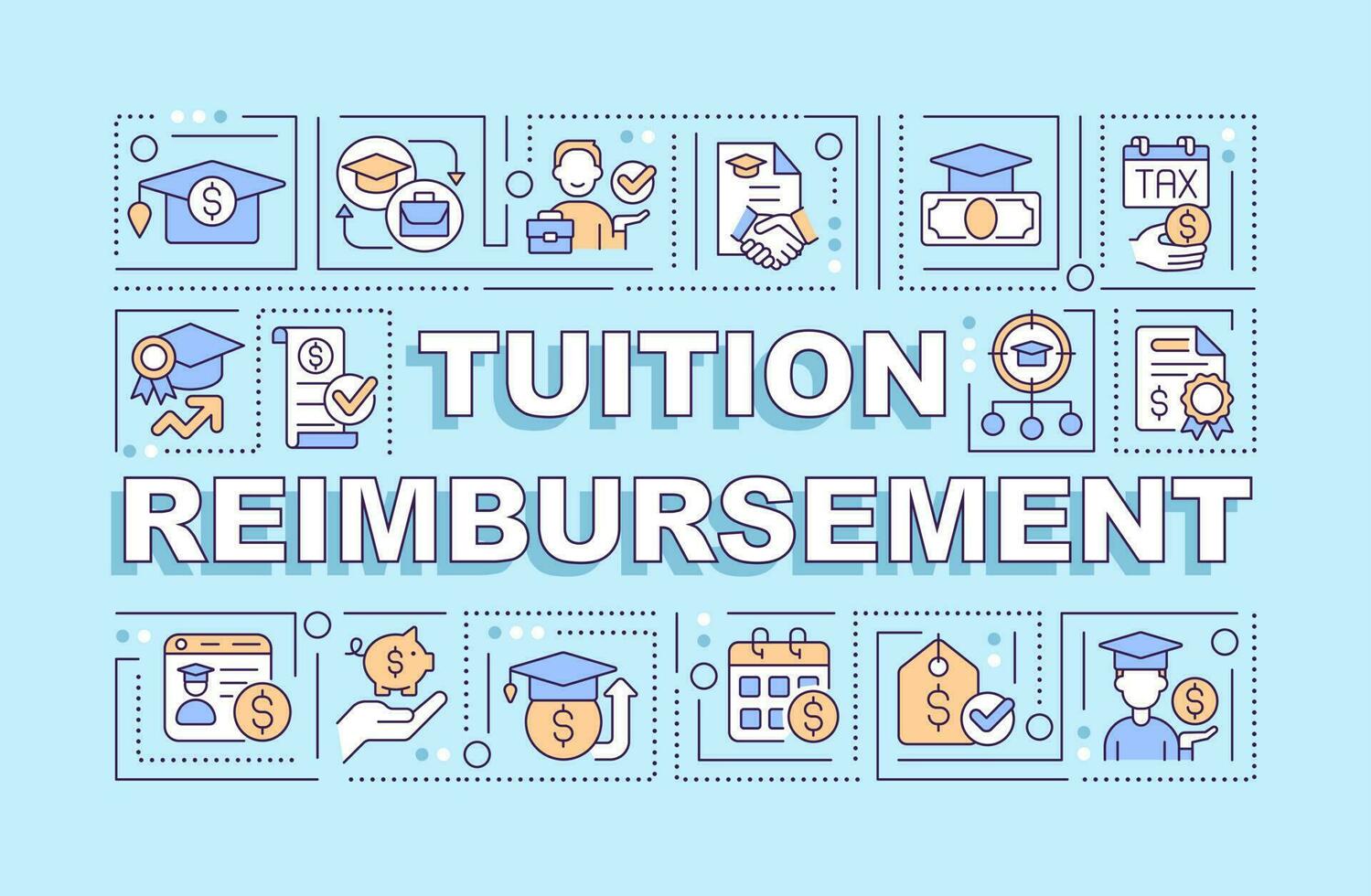 Tuition reimbursement word concepts blue banner. Employee education. Infographics with editable icons on color background. Isolated typography. Vector illustration with text