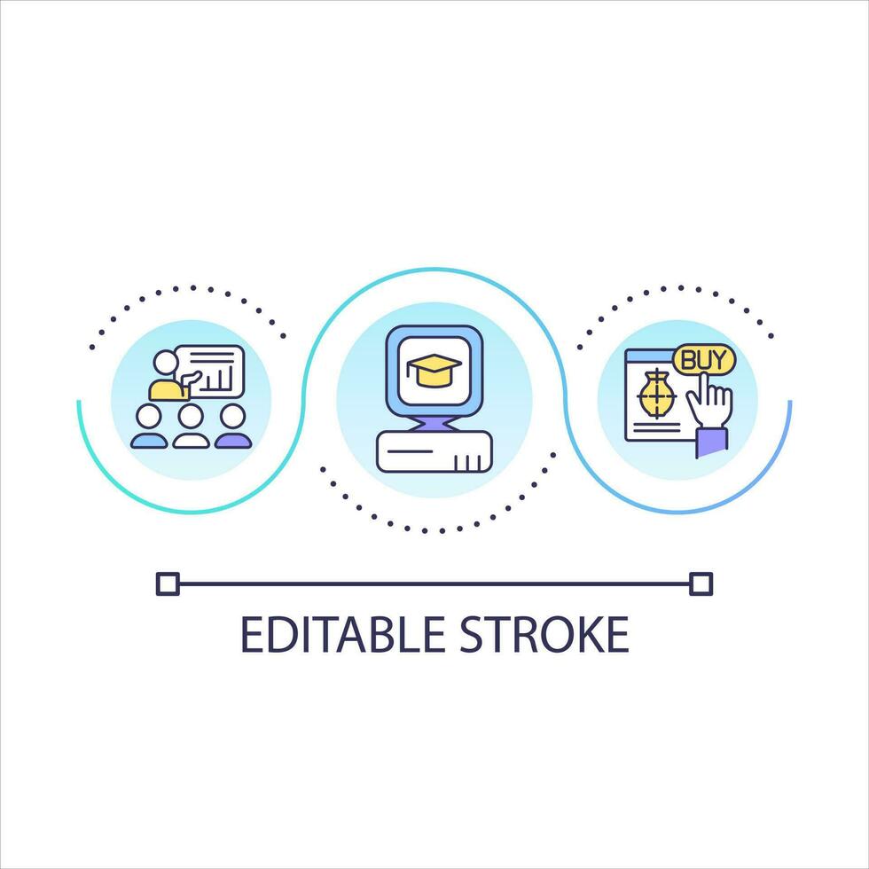 Activities in virtual reality loop concept icon. Education and business opportunities in metaverse abstract idea thin line illustration. Isolated outline drawing. Editable stroke vector
