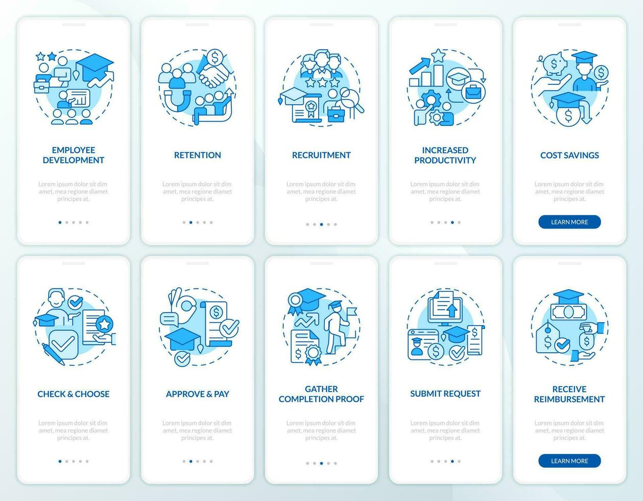 Tuition assistance blue onboarding mobile app screen set. Walkthrough 5 steps editable graphic instructions with linear concepts. UI, UX, GUI template vector