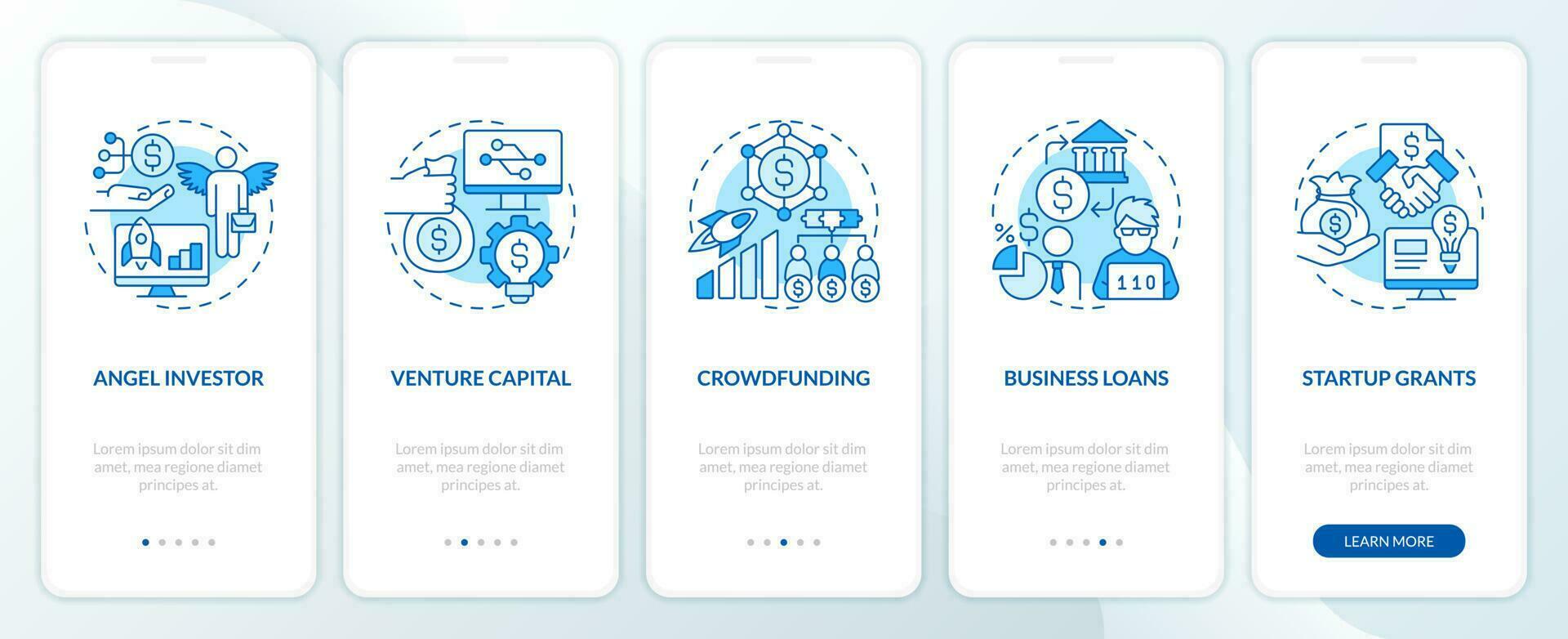Tech startup financing options blue onboarding mobile app screen. IT walkthrough 5 steps editable graphic instructions with linear concepts. UI, UX, GUI template vector