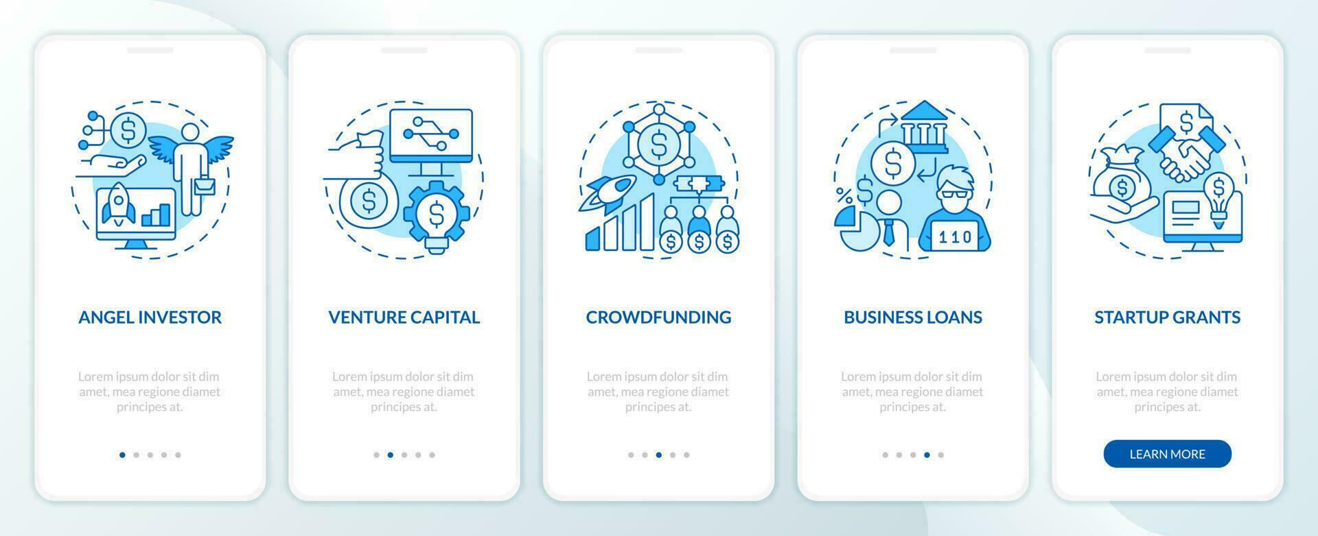 Tech startup financing options blue onboarding mobile app screen. IT walkthrough 5 steps editable graphic instructions with linear concepts. UI, UX, GUI template vector