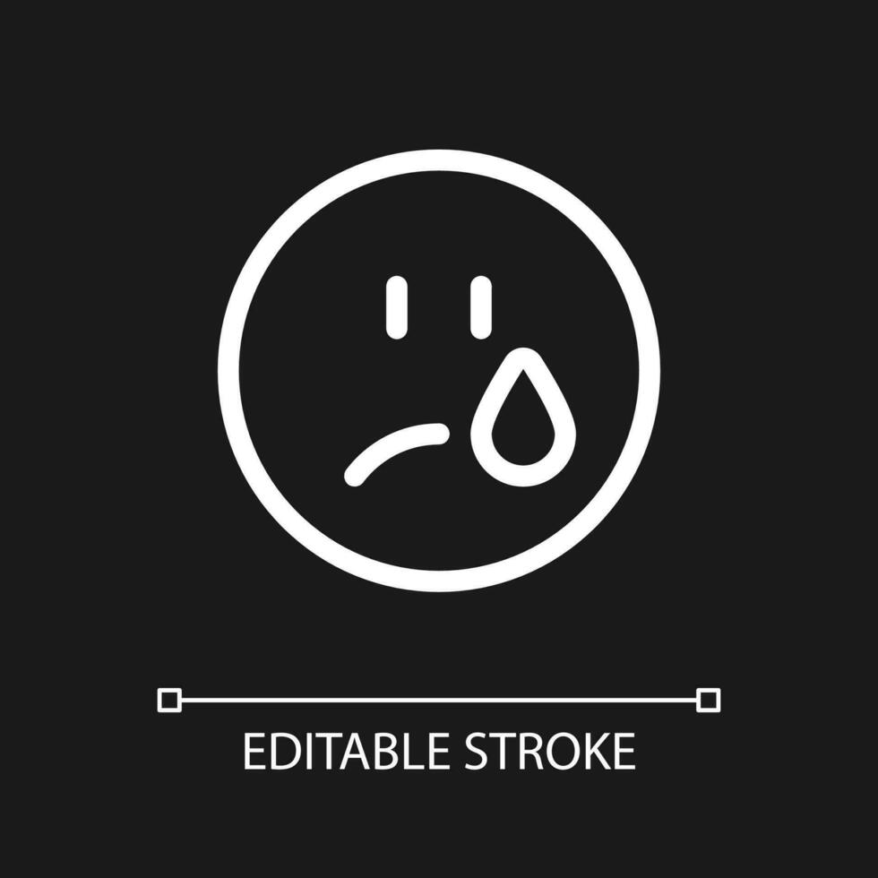 Crying face pixel perfect white linear ui icon for dark theme. Depressed and unhappy face. Vector line pictogram. Isolated user interface symbol for night mode. Editable stroke