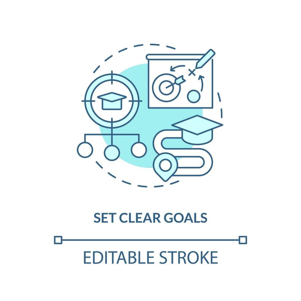 Set clear goals turquoise concept icon. Increase performance. Student progress. Education strategy. Academic achievement abstract idea thin line illustration. Isolated outline drawing. Editable stroke vector