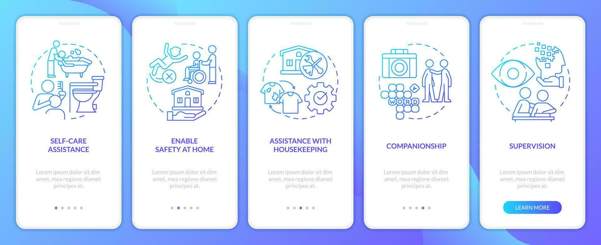 Personal care, assistance services blue gradient onboarding mobile app screen. Walkthrough 5 steps graphic instructions with linear concepts. UI, UX, GUI template vector