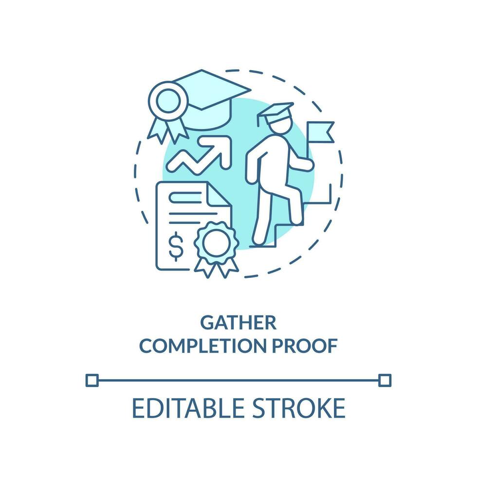 Gather completion proof turquoise concept icon. Evidence document. Accomplishment tuition. Course completion abstract idea thin line illustration. Isolated outline drawing. Editable stroke vector