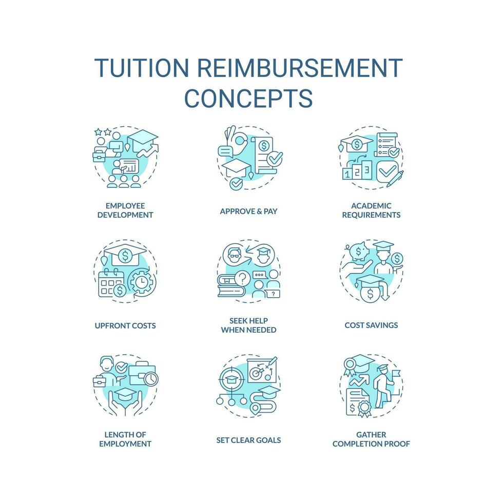 Tuition reimbursement turquoise concept icons set. Employee benefit. Financial aid. Student loan. Education assistance idea thin line color illustrations. Isolated symbols. Editable stroke vector