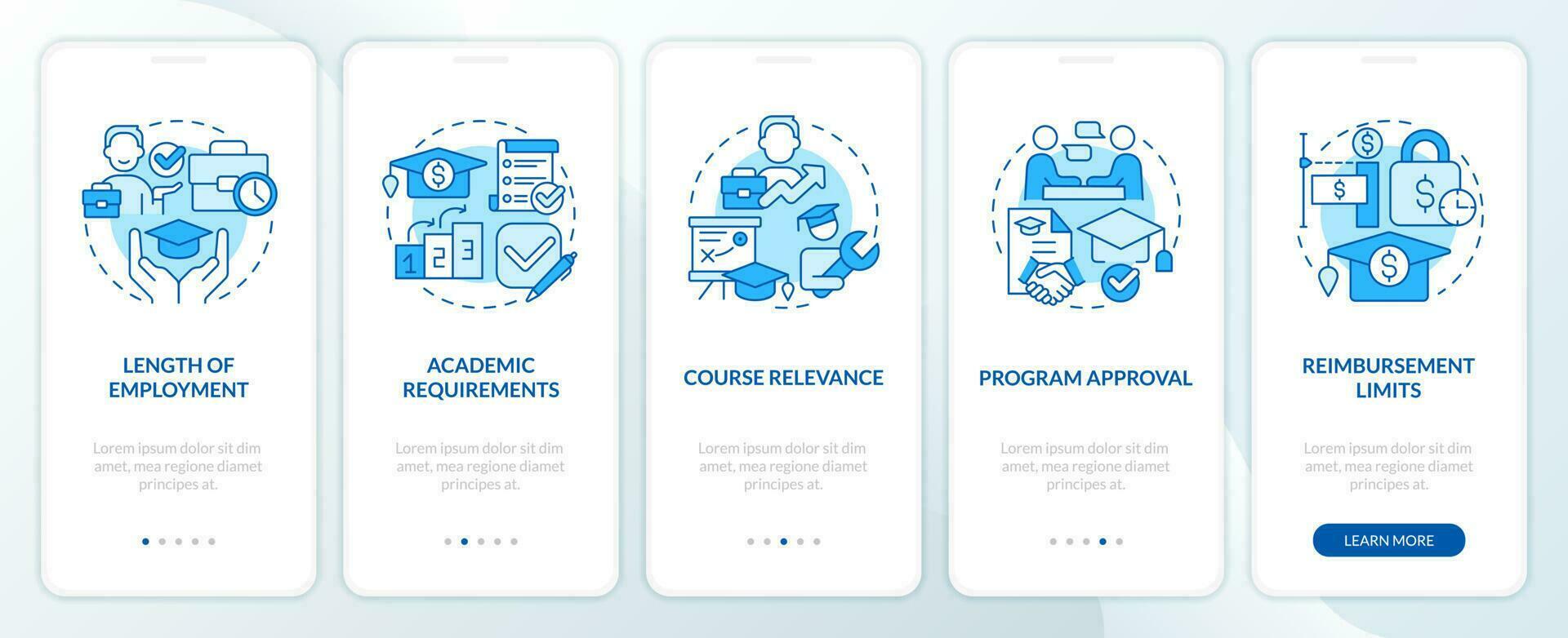 Tuition assistance requirements blue onboarding mobile app screen. Walkthrough 5 steps editable graphic instructions with linear concepts. UI, UX, GUI template vector