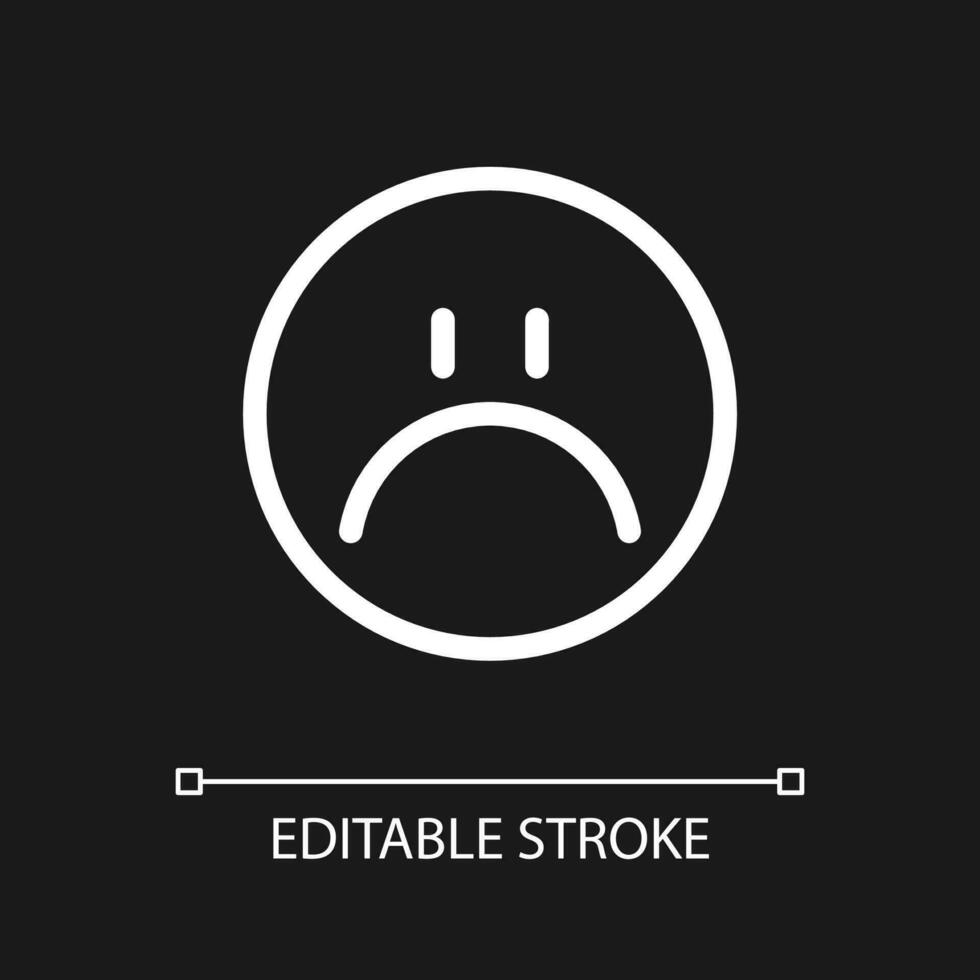 Sad face pixel perfect white linear ui icon for dark theme. Feelings expression. Feedback. Vector line pictogram. Isolated user interface symbol for night mode. Editable stroke