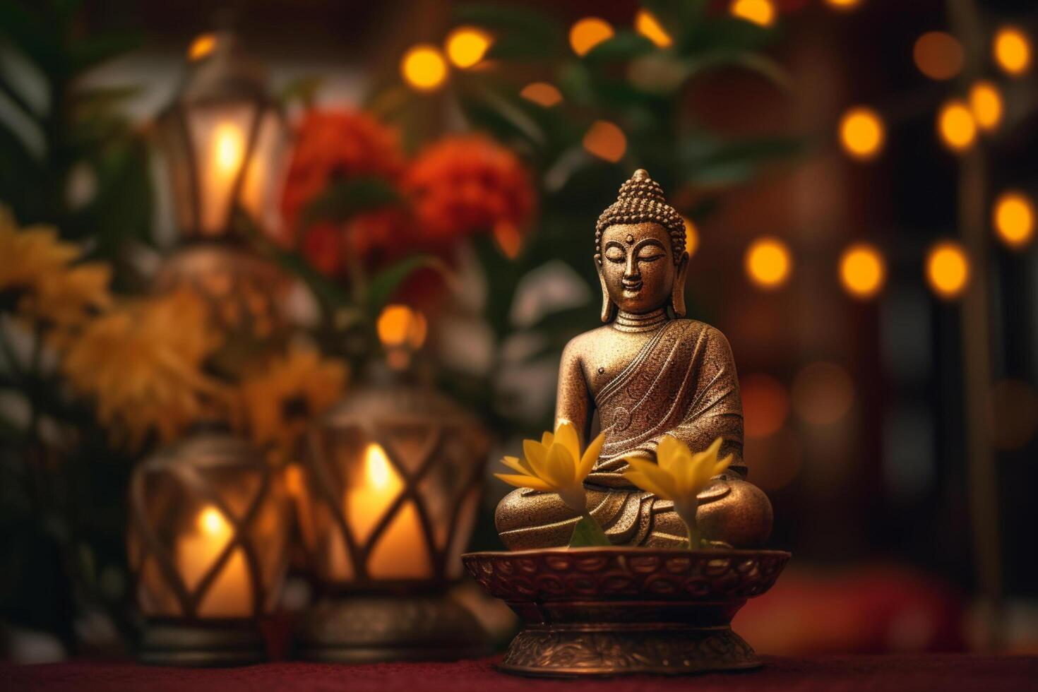 un Buda se sienta en un jardín con un loto y velas antecedentes para vesak festival celebracion. vesak día concepto. vesak celebracion día saludos por ai generado foto