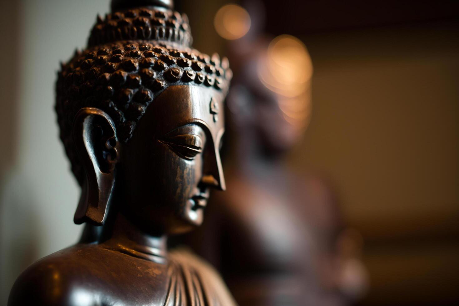 A thai buddha statue sits and meditating at buddhist temple. Ancient thailand buddha face. Background for vesak festival celebration. Vesak day concept. Vesak celebration day greetings by photo