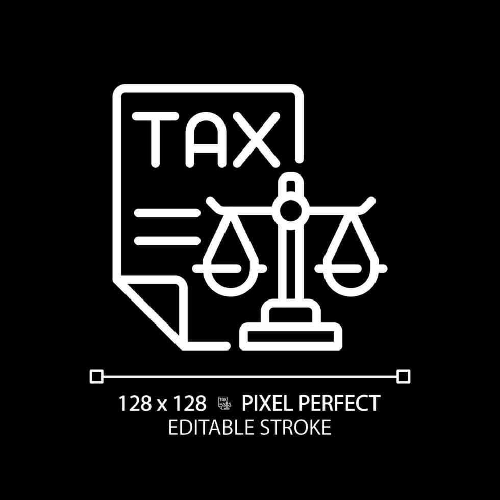 Tax law pixel perfect white linear icon for dark theme. Financial operations legal regulation. Taxation payment order control. Thin line illustration. Isolated symbol for night mode. Editable stroke vector