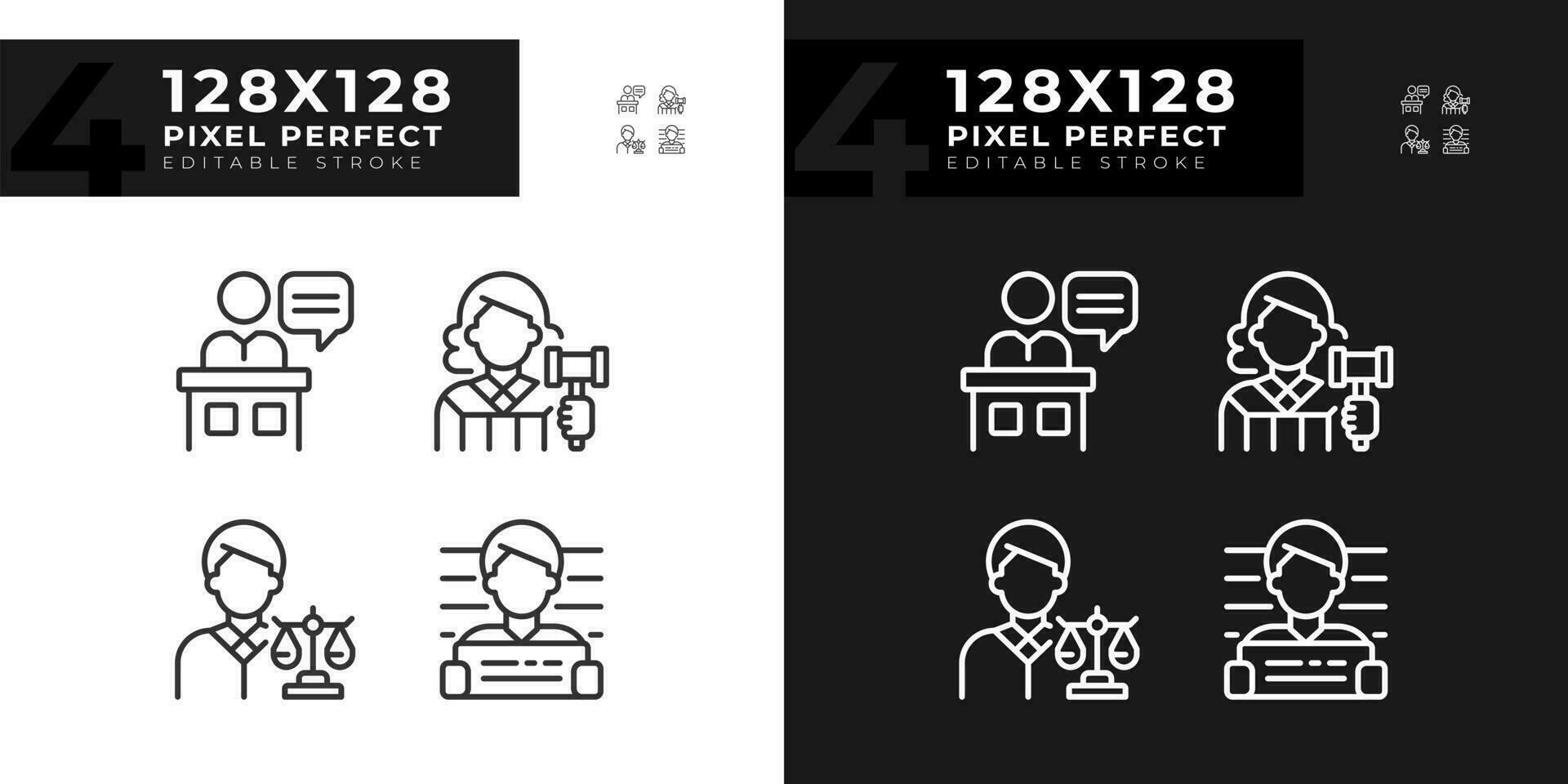 Trial process participants pixel perfect linear icons set for dark, light mode. Law punishment for criminal. Thin line symbols for night, day theme. Isolated illustrations. Editable stroke vector