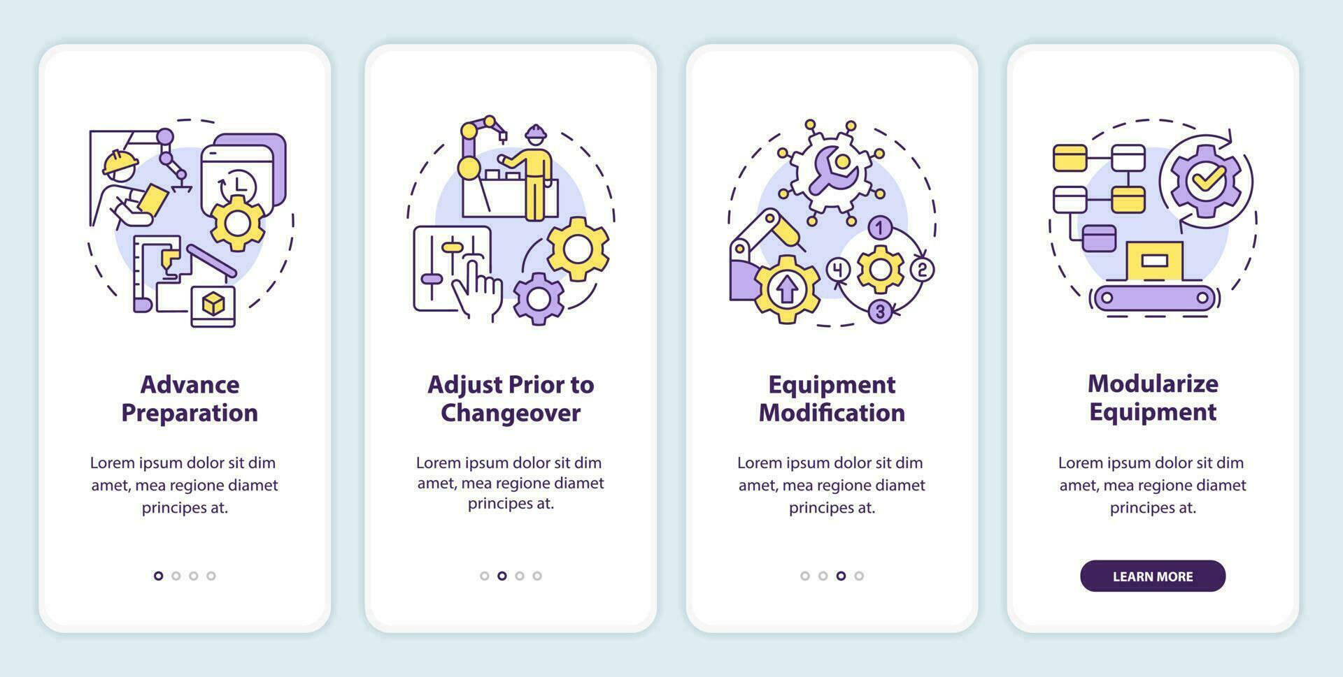 Convert internal elements into external onboarding mobile app screen. Walkthrough 4 steps editable graphic instructions with linear concepts. UI, UX, GUI template vector