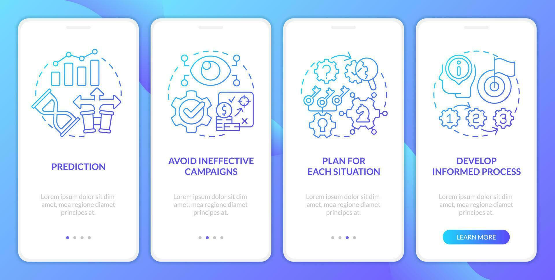 Causal research benefits blue gradient onboarding mobile app screen. Walkthrough 4 steps graphic instructions with linear concepts. UI, UX, GUI template vector