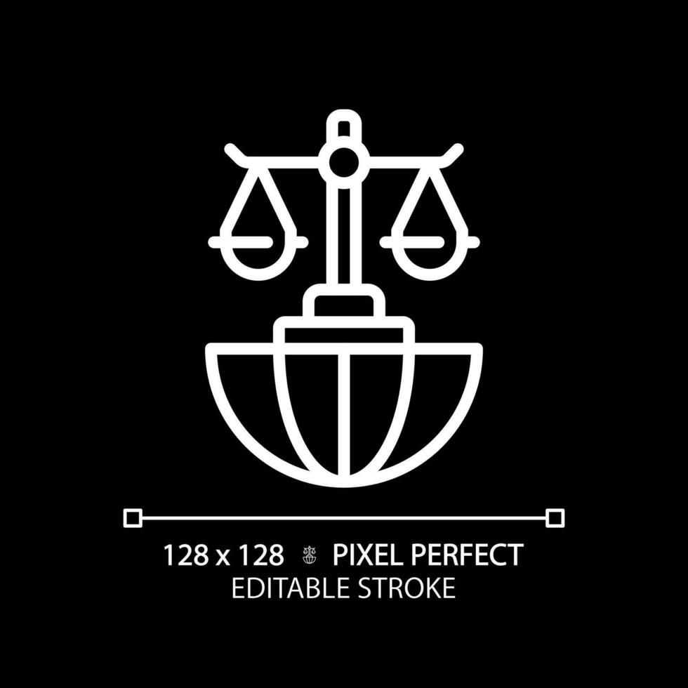 International law pixel perfect white linear icon for dark theme. Countries interaction regulation. Legal states relationship. Thin line illustration. Isolated symbol for night mode. Editable stroke vector