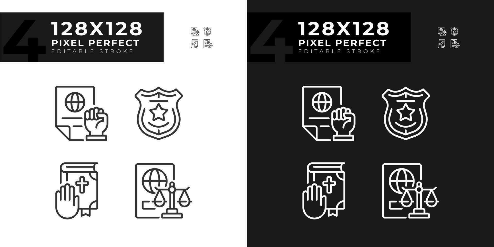 Low protecting human rights pixel perfect linear icons set for dark, light mode. Equality in justice system. Order. Thin line symbols for night, day theme. Isolated illustrations. Editable stroke vector