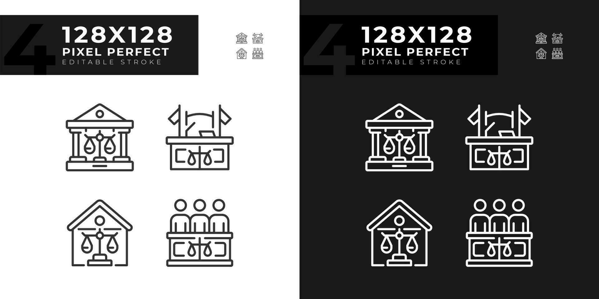 State institutions of law pixel perfect linear icons set for dark, light mode. Government court institution. Protection. Thin line symbols for night, day theme. Isolated illustrations. Editable stroke vector