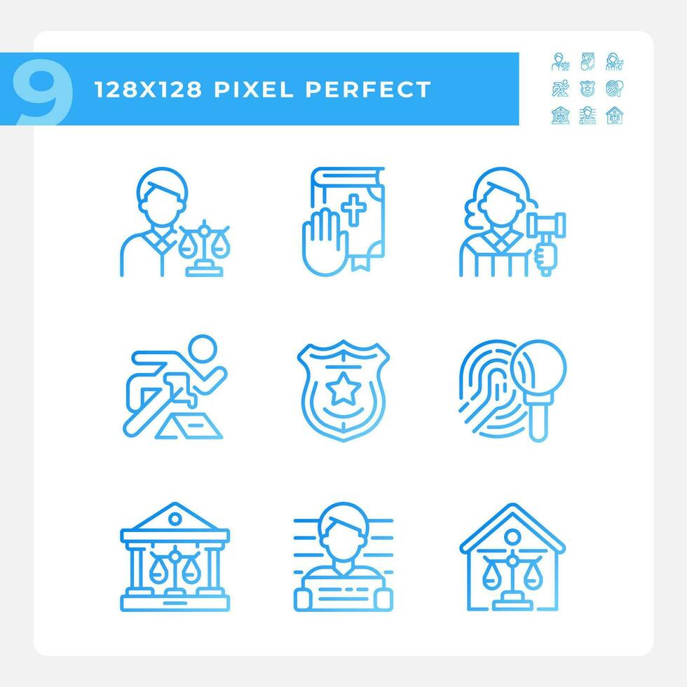 Law system and order control pixel perfect gradient linear vector icons set. Jurisdiction for citizens. Court system. Thin line contour symbol designs bundle. Isolated outline illustrations collection