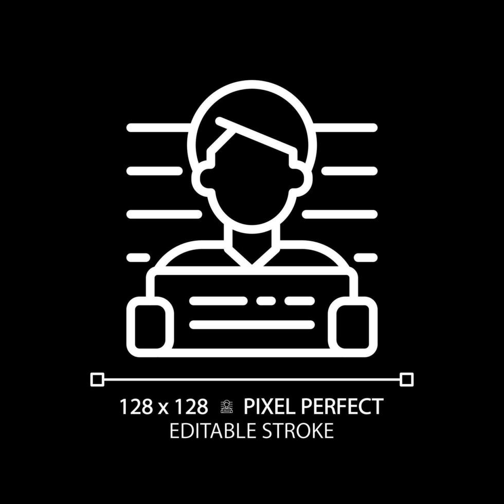 Suspected pixel perfect white linear icon for dark theme. Arrest of criminal person. Case investigation with legal laws. Thin line illustration. Isolated symbol for night mode. Editable stroke vector