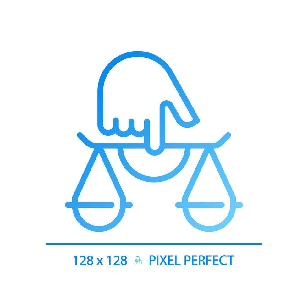 Justice pixel perfect gradient linear vector icon. Balanced scales on finger. Law system protecting order in society. Thin line color symbol. Modern style pictogram. Vector isolated outline drawing