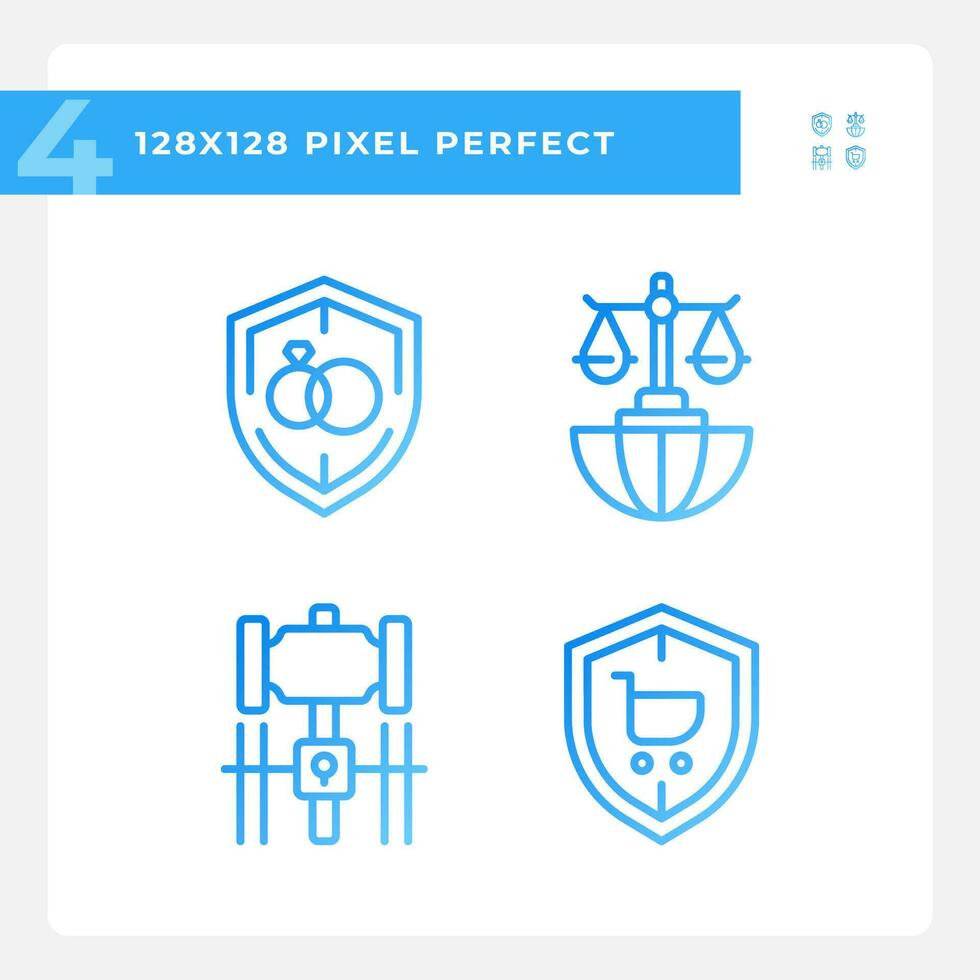 Laws protecting citizens rights pixel perfect gradient linear vector icons set. Legal rules of society. Thin line contour symbol designs bundle. Isolated outline illustrations collection