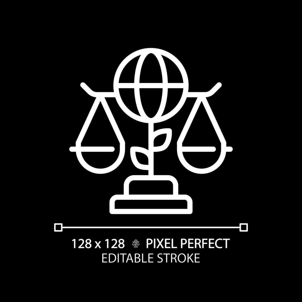Environmental law pixel perfect white linear icon for dark theme. Protecting natural ecosystems with legal rules. Regulation. Thin line illustration. Isolated symbol for night mode. Editable stroke vector