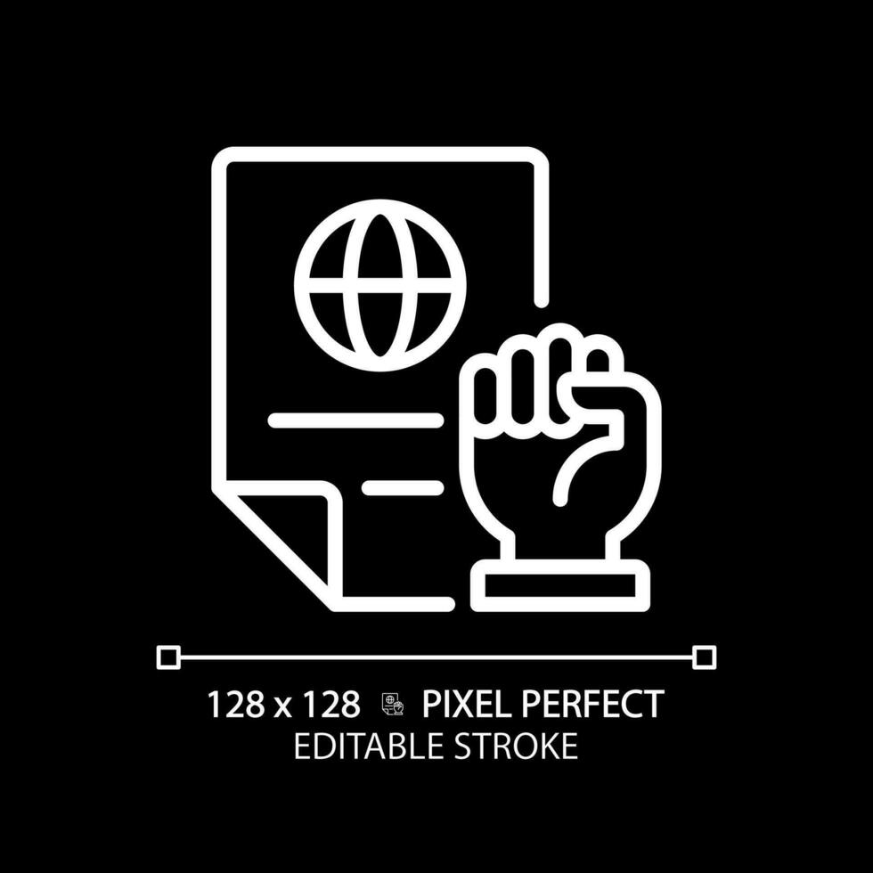 Rights protecting law pixel perfect white linear icon for dark theme. International agreement of people safety. Documents. Thin line illustration. Isolated symbol for night mode. Editable stroke vector